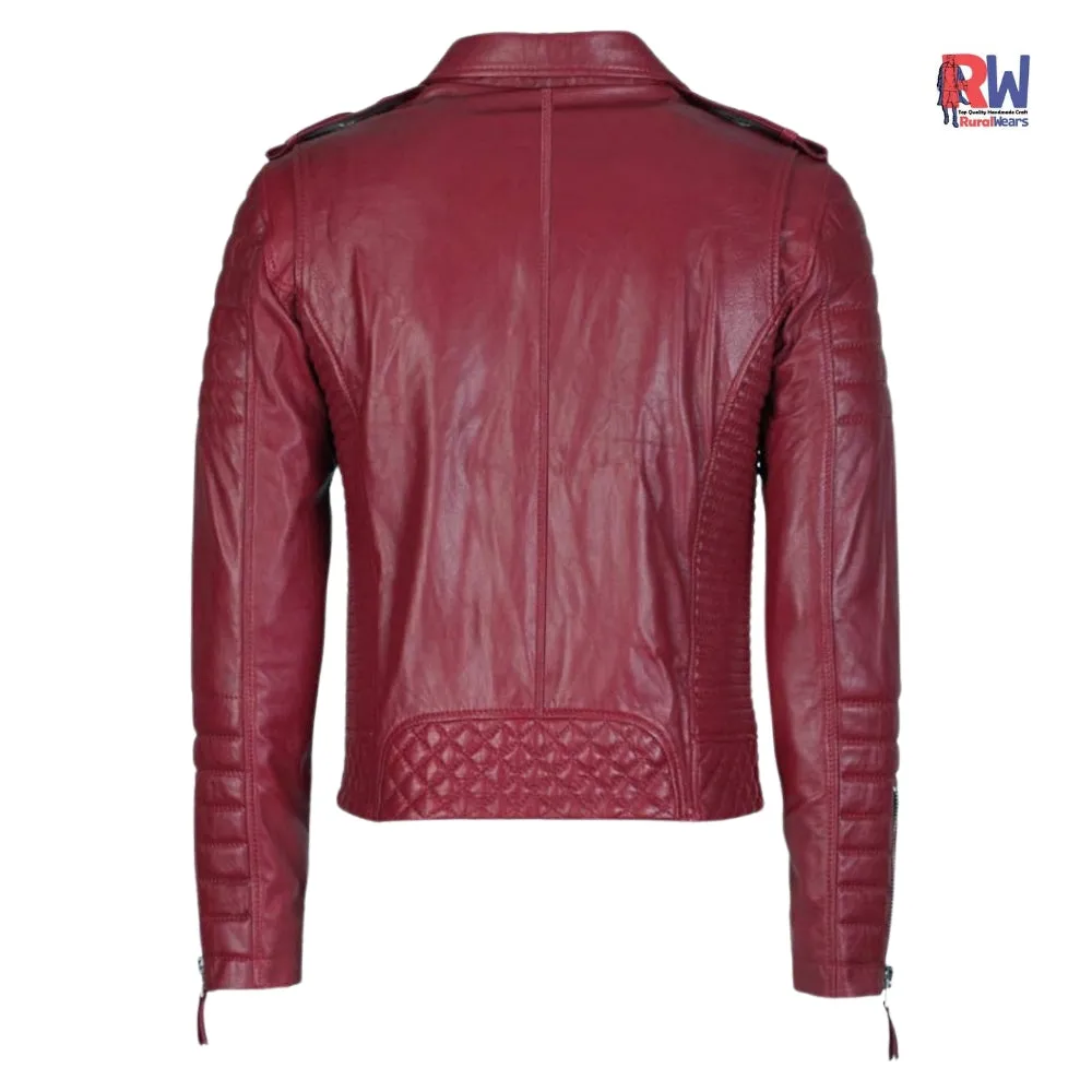 RW Authentic Sheepskin MEN’S GENUINE LEATHER QUILTED MOTORCYCLE JACKET SLIM FIT BIKER JACKET
