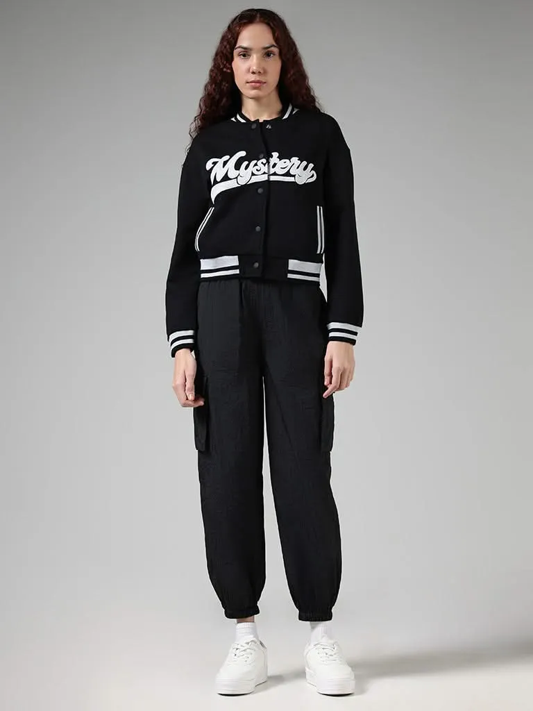 Studiofit Black Typographic Printed Cotton Crop Jacket