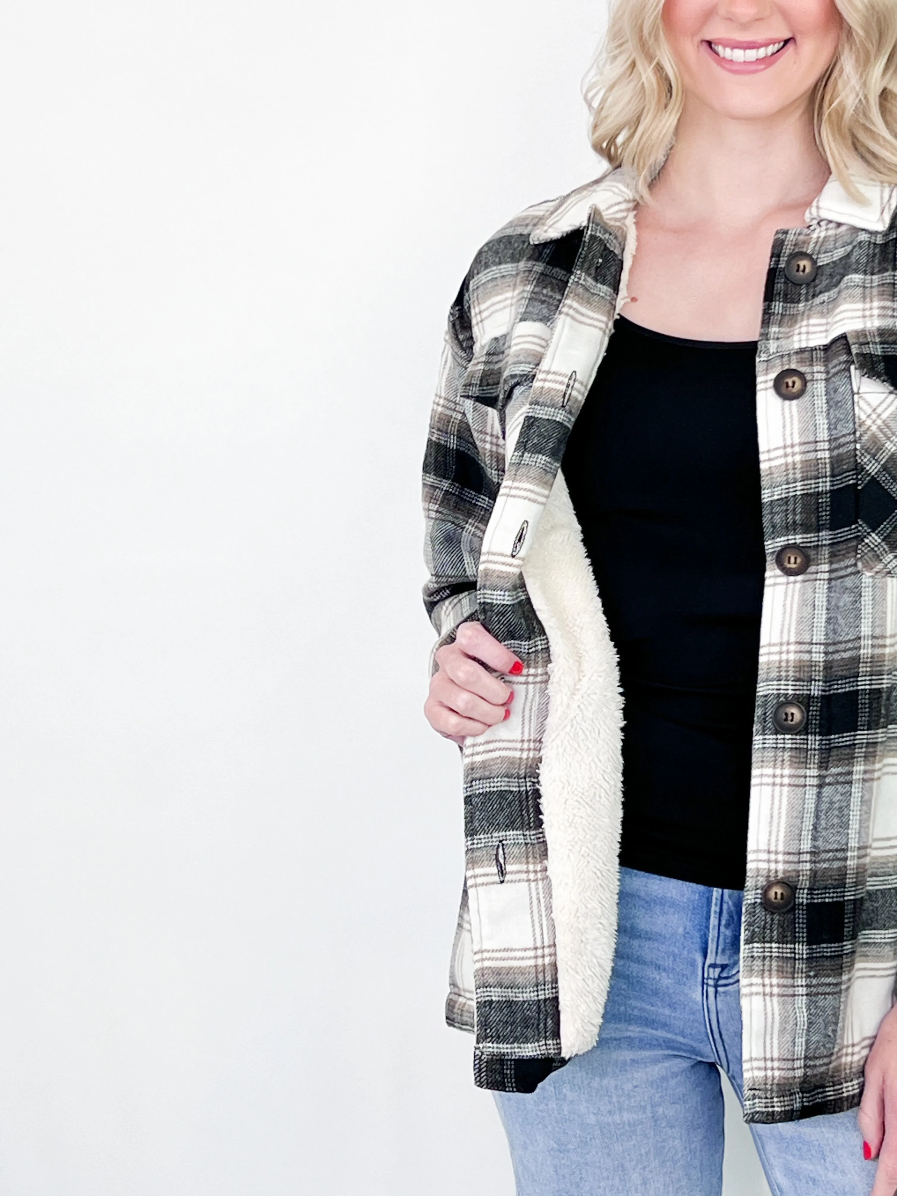 Susan - Black & Tan Plaid Sherpa Lined Shacket