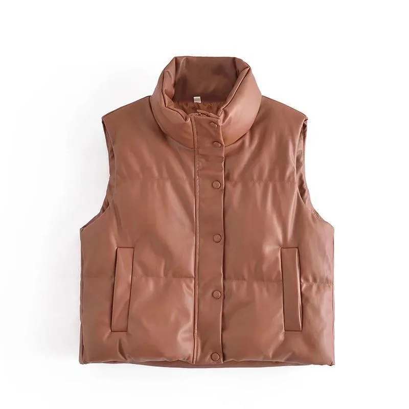 Waterproof Patent Faux Leather Quilted Vest Gilet High Collar Bodywarmer