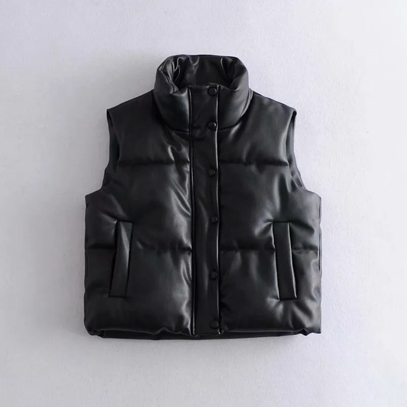 Waterproof Patent Faux Leather Quilted Vest Gilet High Collar Bodywarmer
