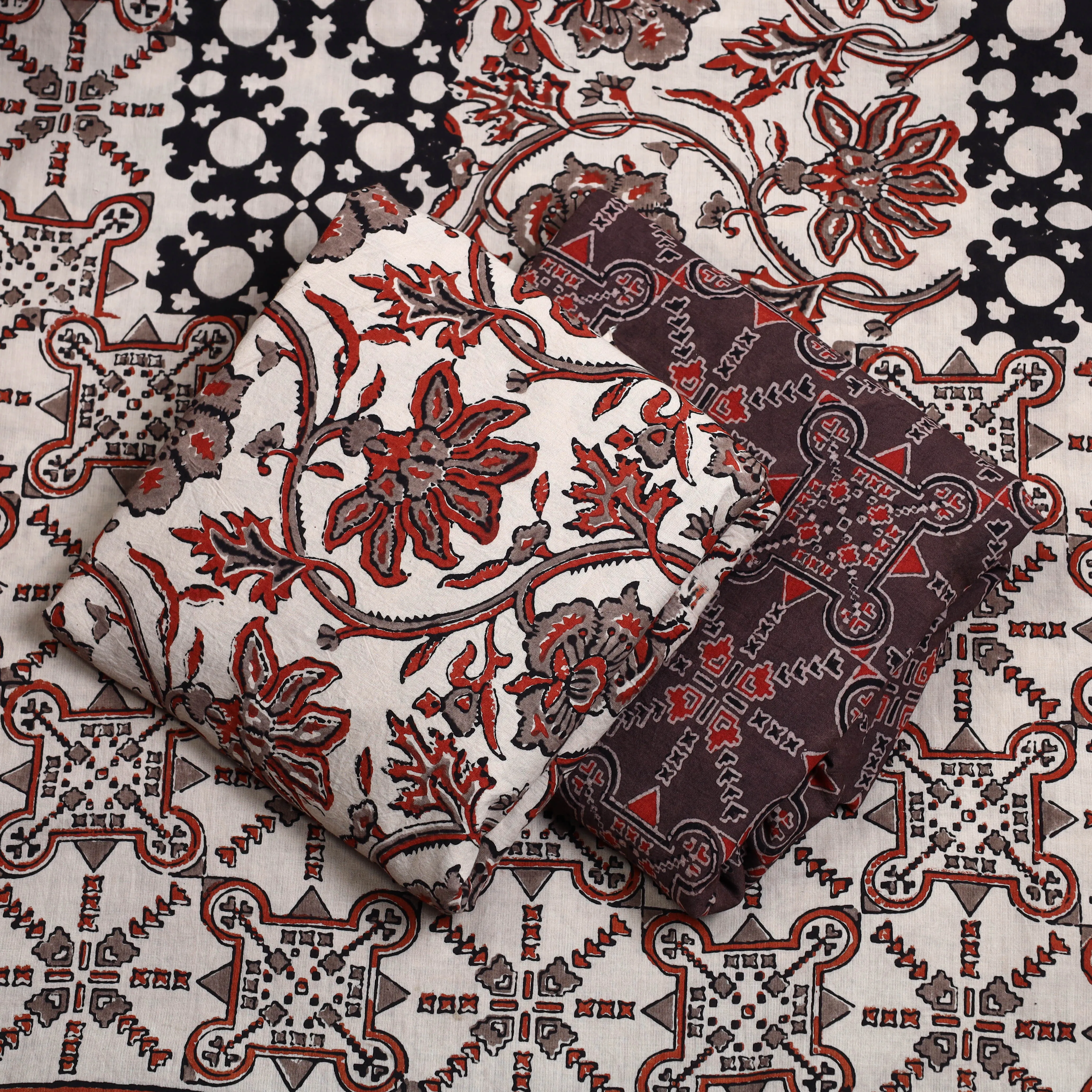 White - 3pc Ajrakh Block Printed Natural Dyed Cotton Suit Material Set 19