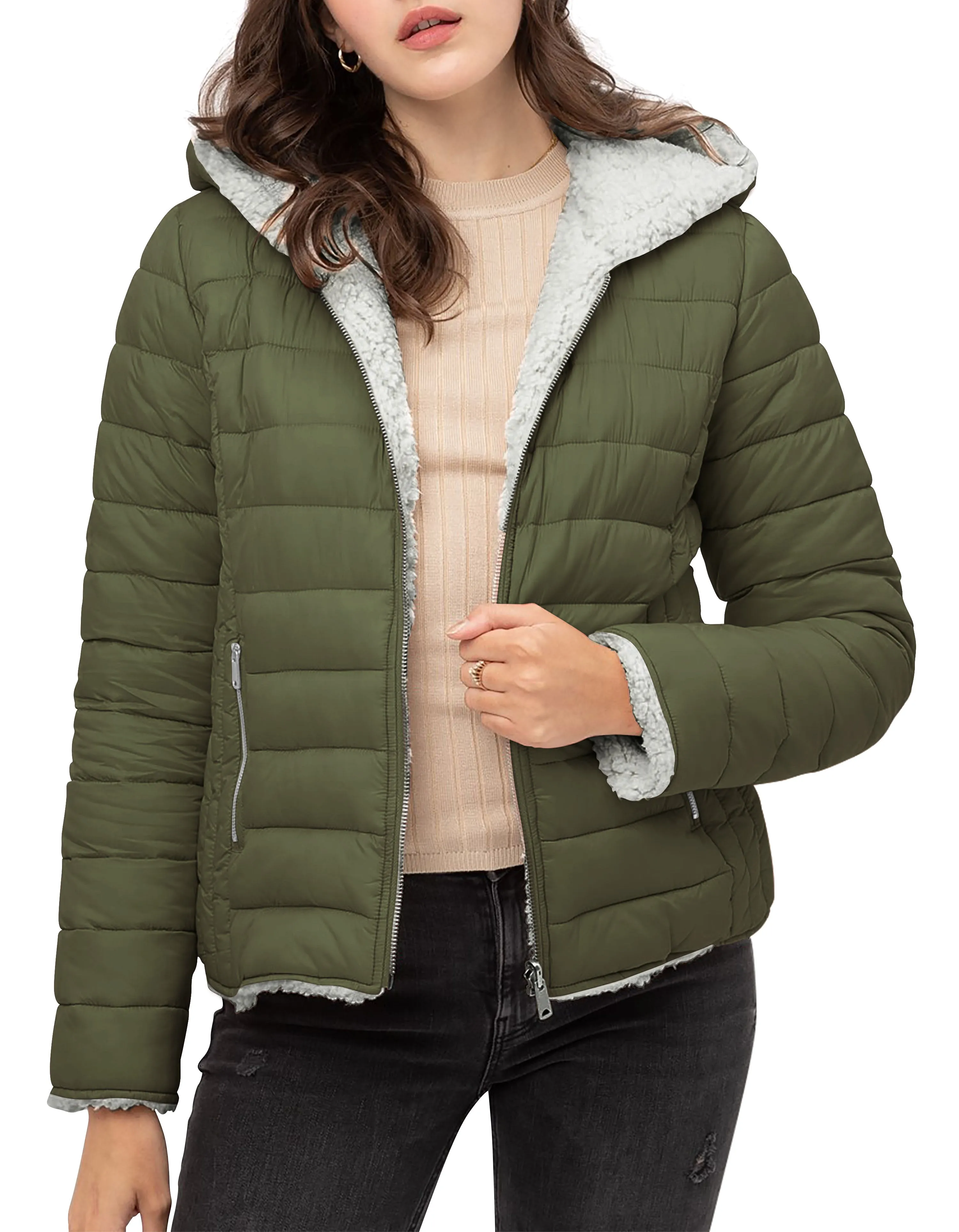 Womens Reversible Sherpa Fleece Puffer Hooded Jacket