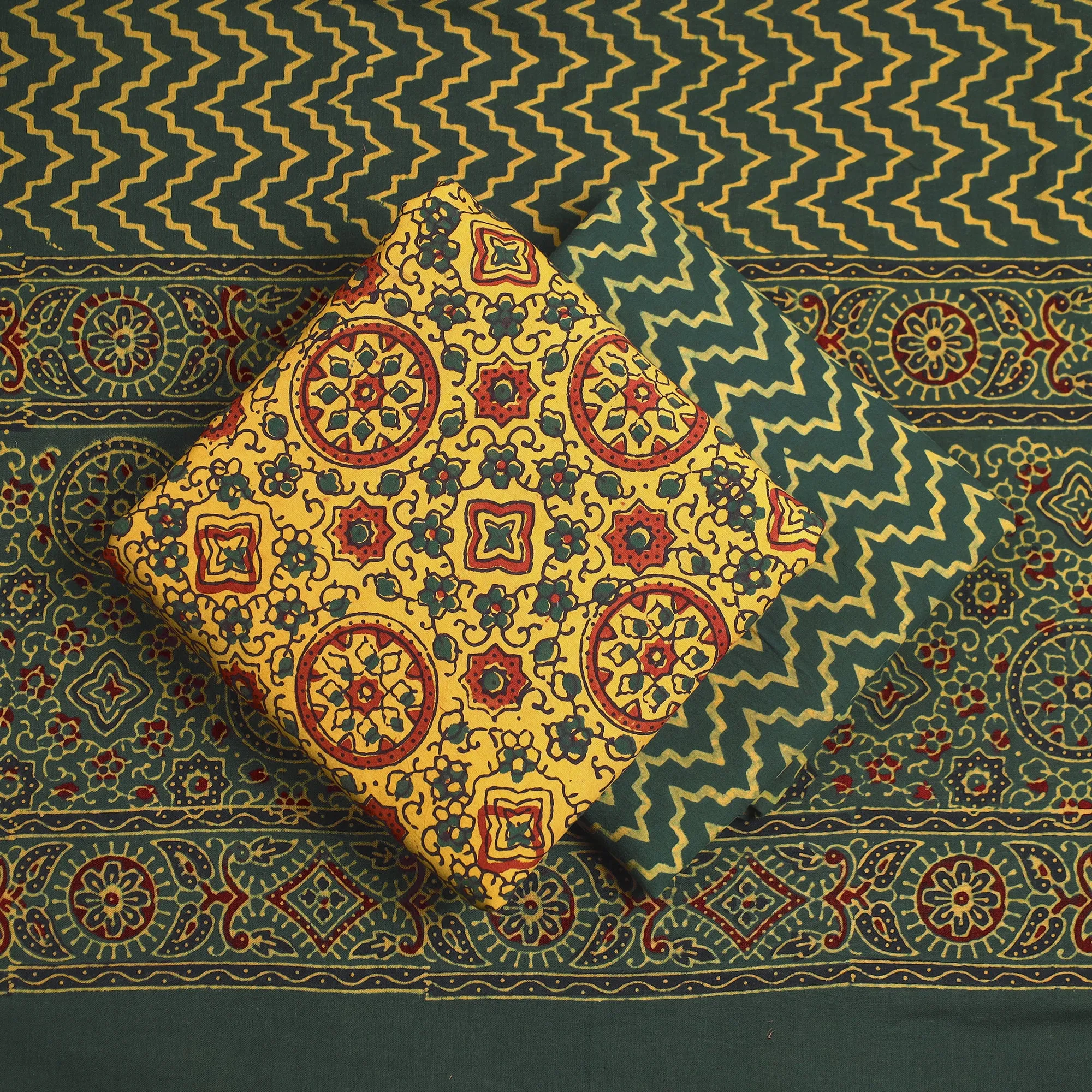 Yellow - 3pc Ajrakh Block Printed Natural Dyed Cotton Suit Material Set 18