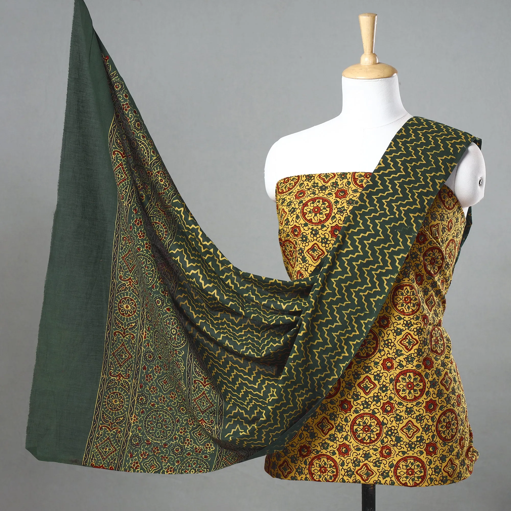 Yellow - 3pc Ajrakh Block Printed Natural Dyed Cotton Suit Material Set 18