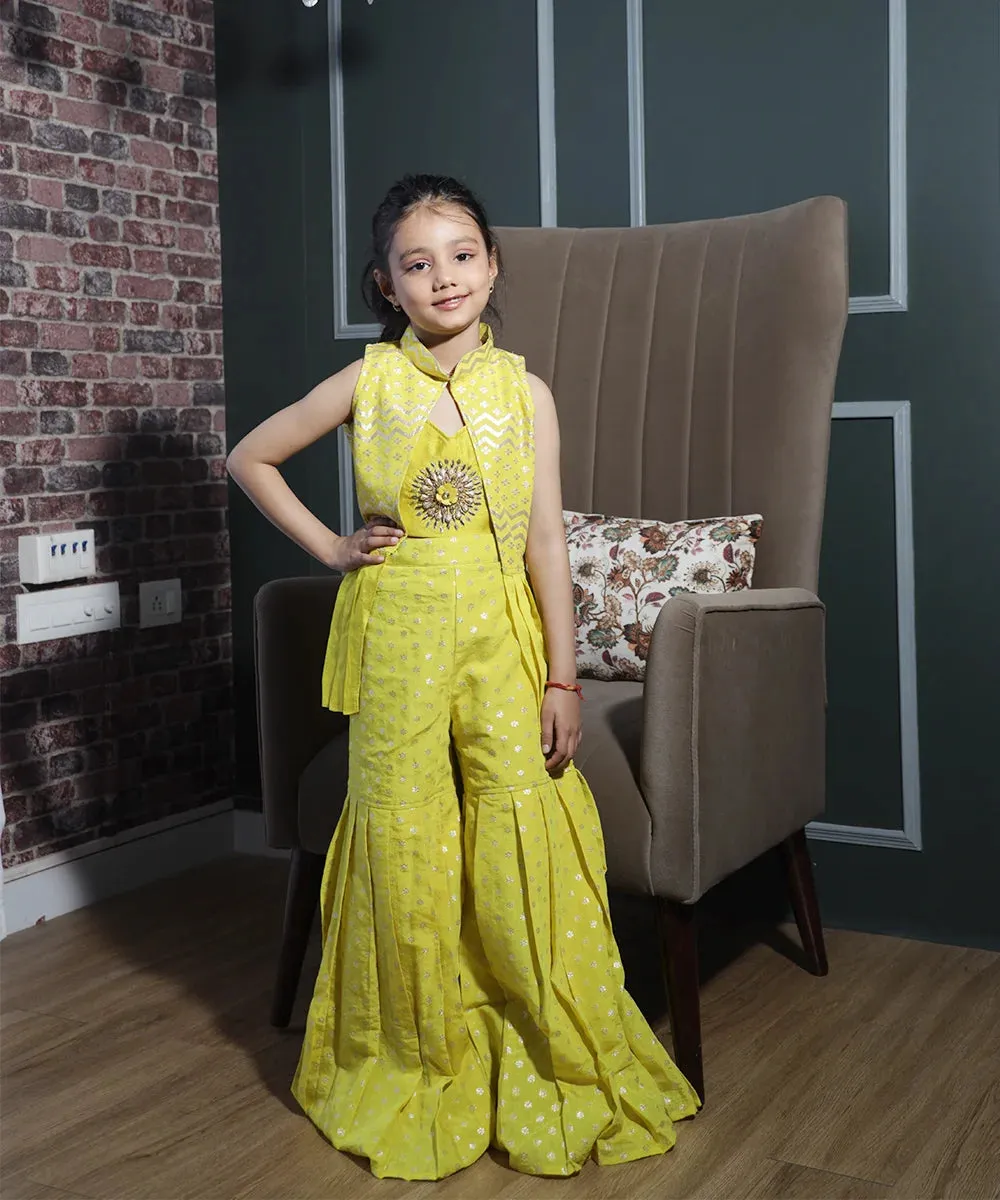 Yellow Colored Printed and Embroidered Sharara Set for Girls