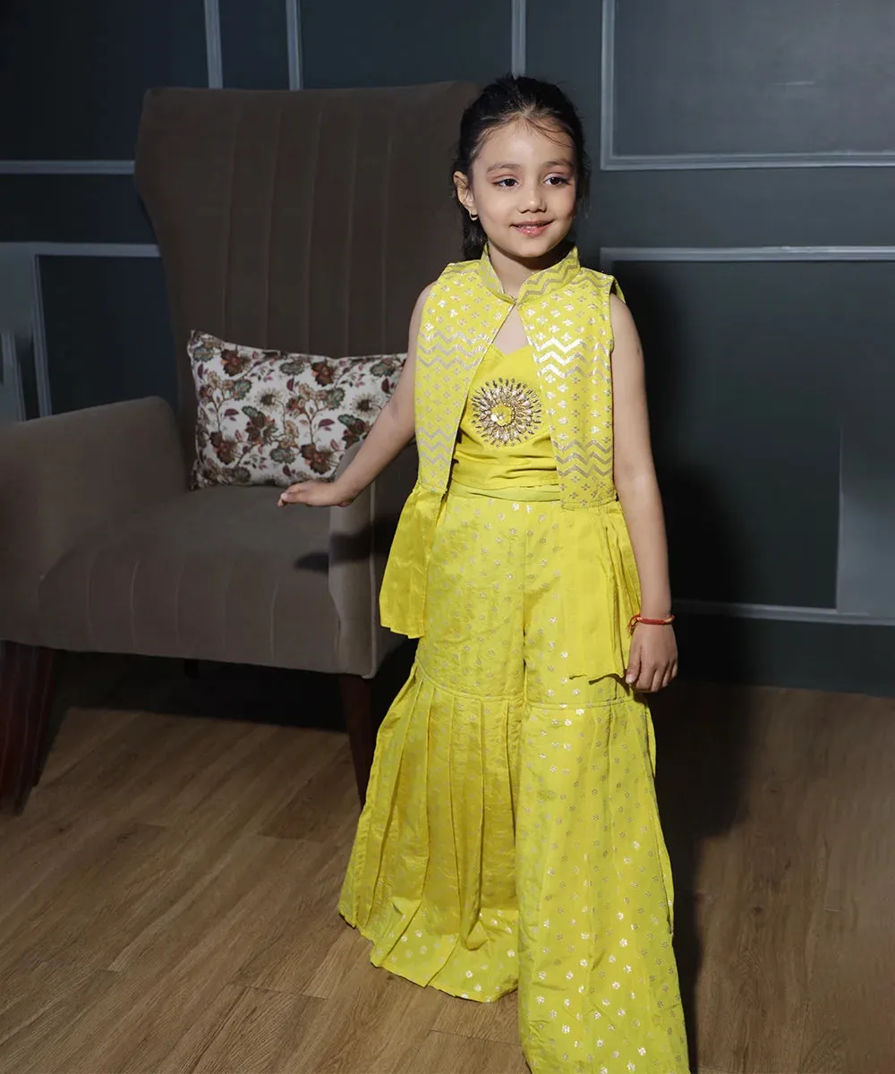 Yellow Colored Printed and Embroidered Sharara Set for Girls